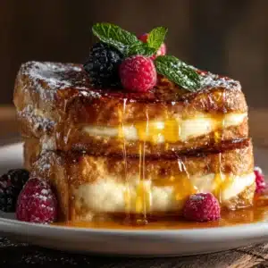 A close-up shot of a stack of thick-cut Creme Brulee French Toast, highlighting the rich custard-soaked interior of the brioche bread.