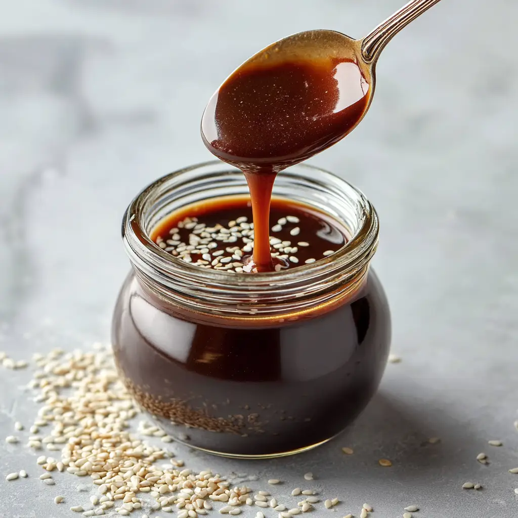 A spoon lifting thick, glossy homemade teriyaki glaze from a bowl, showing its perfect consistency.