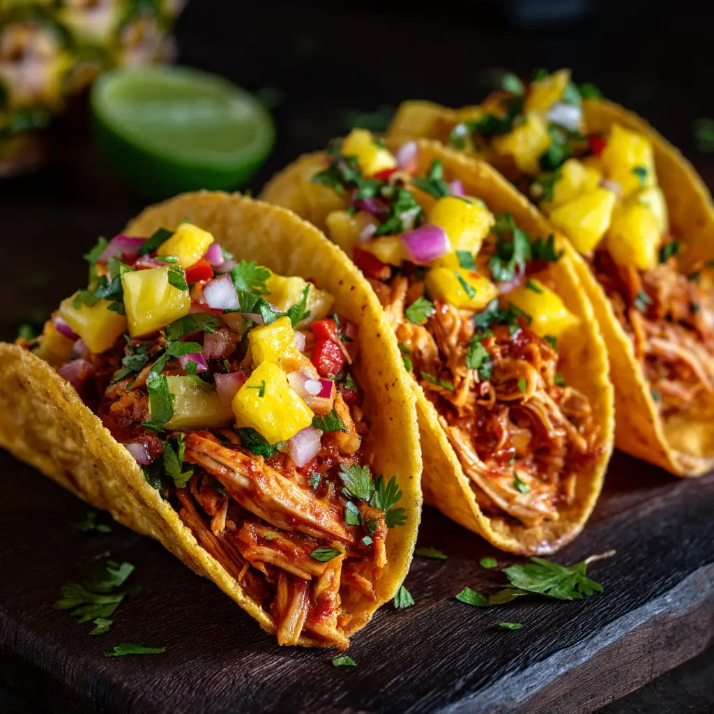 Three pineapple chicken tacos lined up, loaded with fresh toppings and ready for a family dinner.