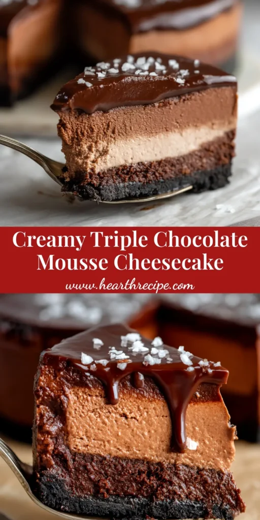 A stunning slice of triple chocolate mousse cheesecake on a white plate, showcasing its distinct dark, milk, and white chocolate layers on an Oreo crust.