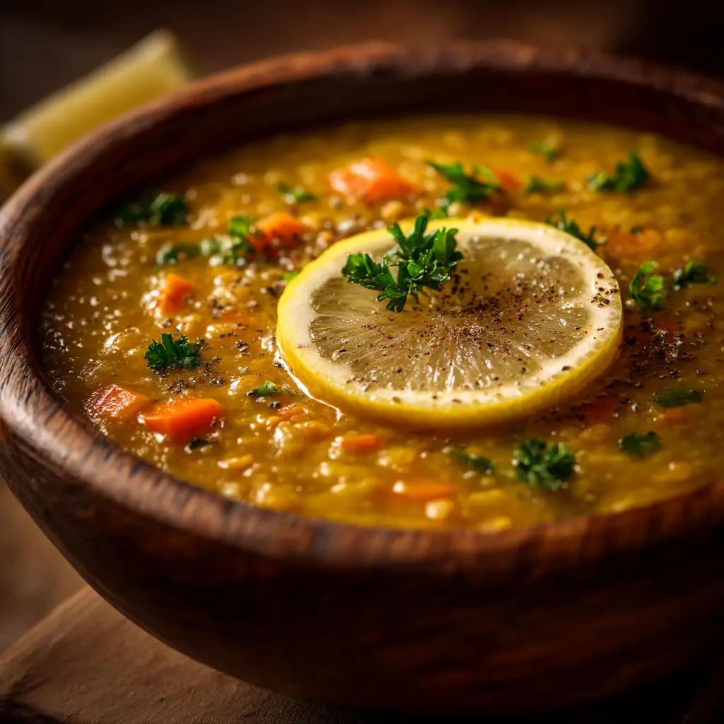 A spoonful of the detox turmeric lentil soup being lifted from a bowl, showcasing its vibrant color and ingredients.