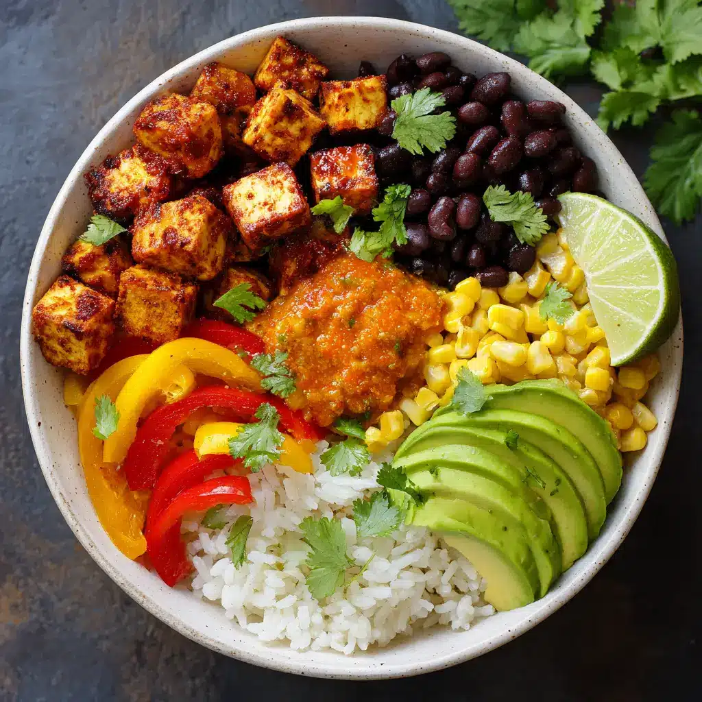 An overhead view of a fully assembled vegan burrito bowl with spicy tofu, showcasing all the fresh and colorful ingredients.