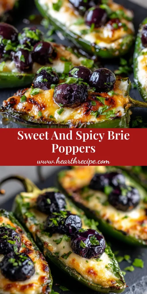 A close up of Blueberry Brie Jalapeno Poppers arranged on a dark slate tray. The charred jalapenos are filled with melted brie, topped with burst blueberries, a syrup drizzle, and fresh herbs.