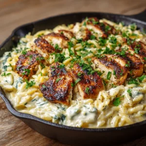 A rustic cast iron skillet filled with Boursin Chicken Orzo. The dish features thick slices of pan-seared chicken over orzo in a velvety white cheese sauce, garnished with parsley.