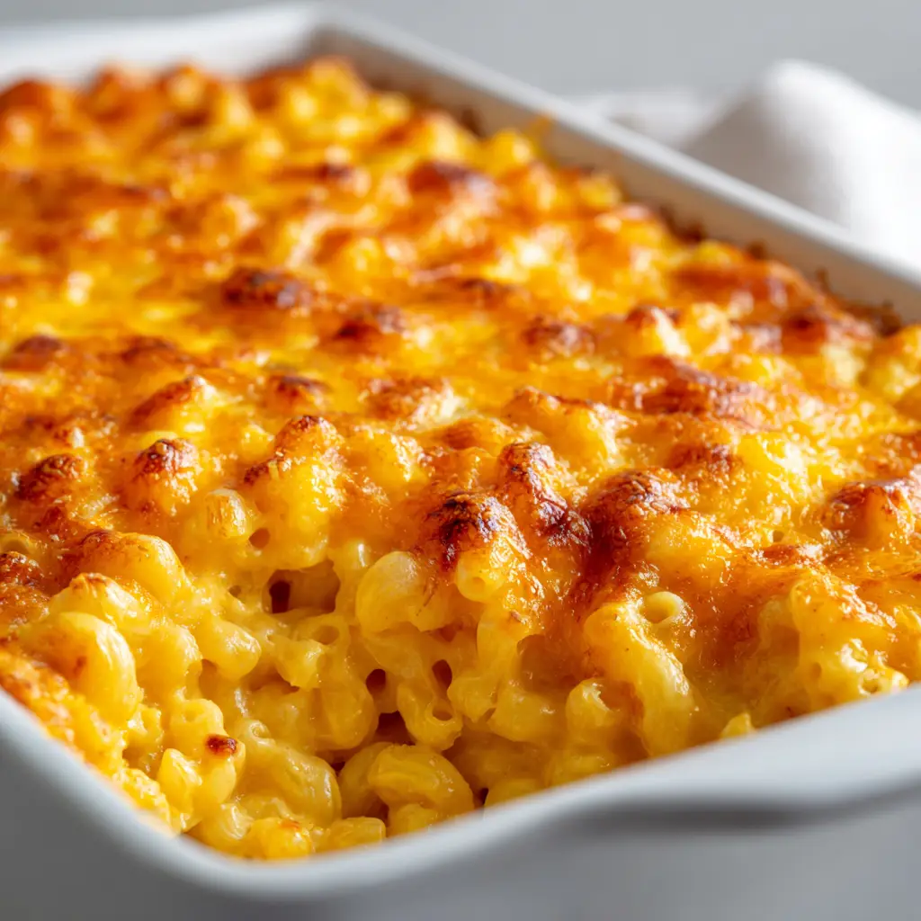 A scoop of Chick-fil-A Mac and Cheese being lifted from the baking dish, revealing the thick, glossy, orange-yellow cheese sauce coating the elbow macaroni.