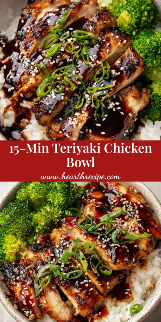 An overhead shot of a finished Teriyaki Chicken Rice Bowl in a white bowl, showing glossy chicken, rice, broccoli, and garnishes.