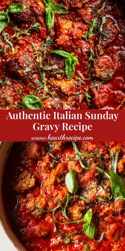 A large rustic pot filled with thick, slow-simmered Authentic Italian Gravy, with visible chunks of sausage and fresh basil.