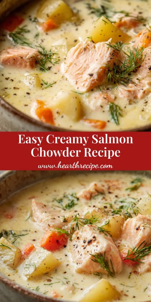 A close-up overhead shot of a rustic bowl filled with creamy Salmon Chowder Recipe, garnished with fresh dill.