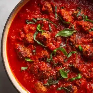 An overhead, close-up shot of a rustic pot of Authentic Italian Gravy, showing the chunky texture and rich color. (Authentic Italian Gravy)