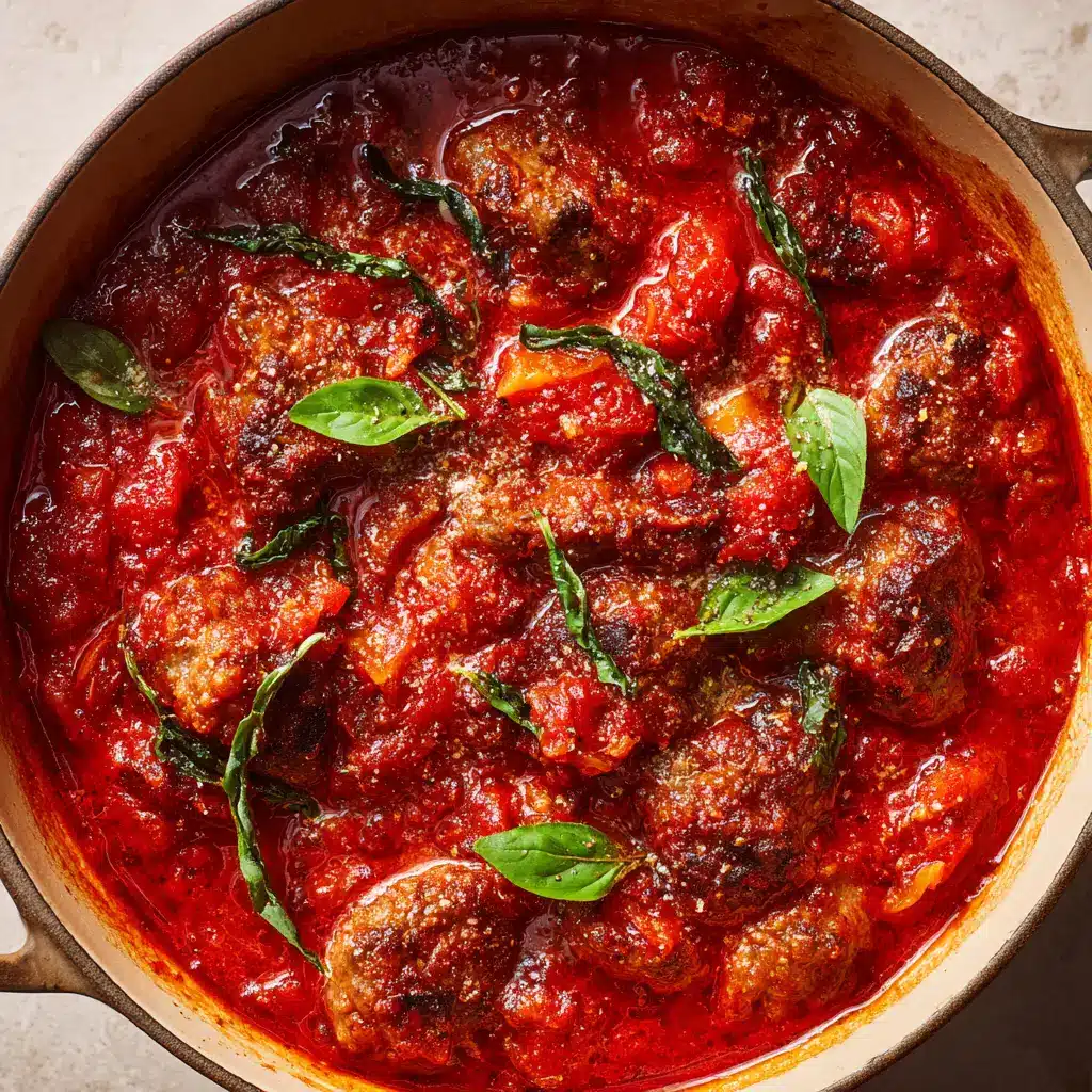 A rustic pot of homemade Italian gravy with browned sausage, tender meat, a parmesan rind, and fresh basil.
