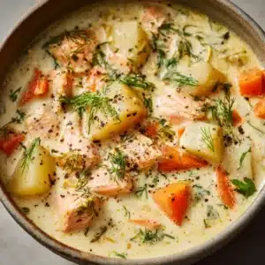 A close-up of a rustic ceramic bowl filled with thick, creamy Salmon Chowder Recipe. The surface shows large chunks of flaky pink salmon and diced orange carrots.