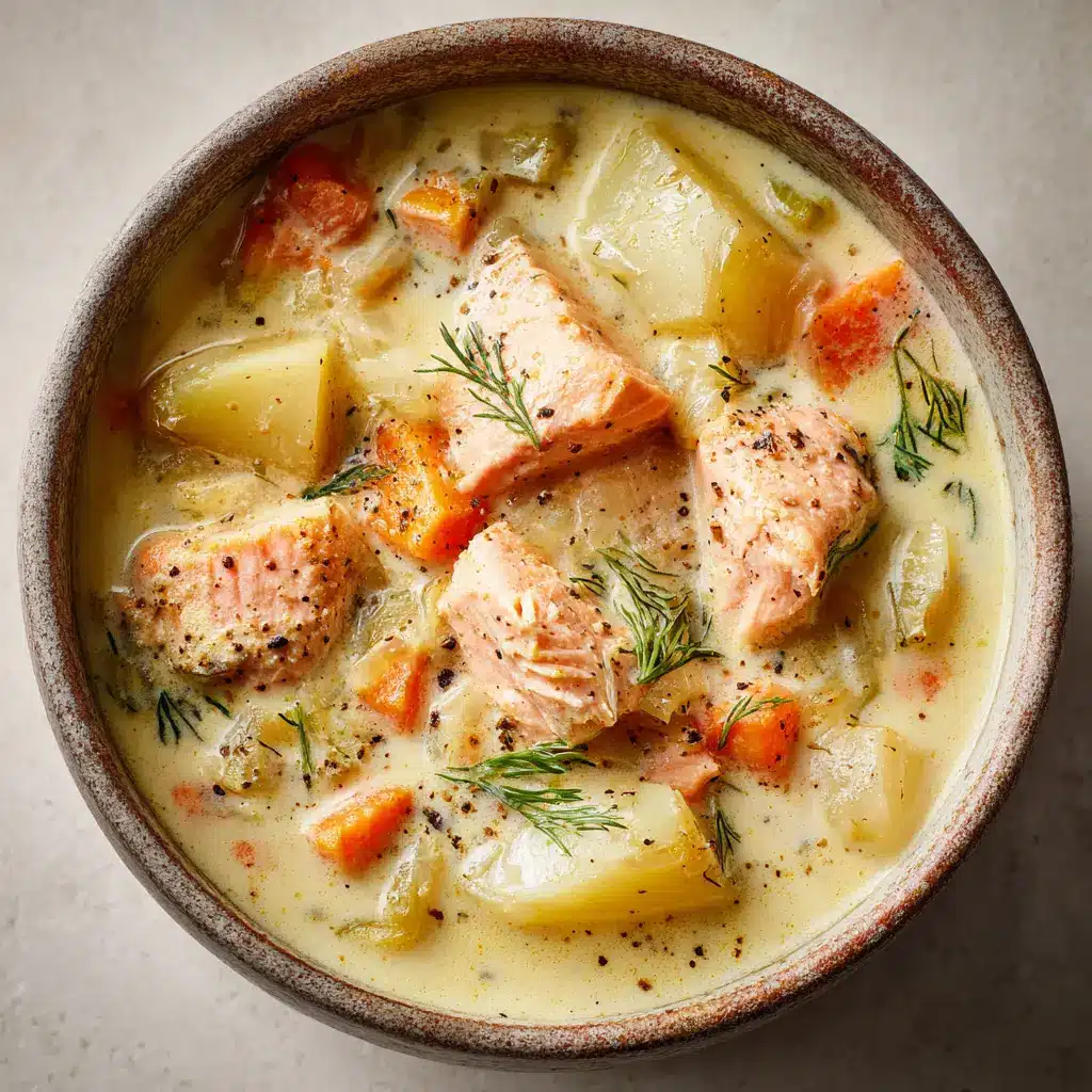 A spoonful of creamy salmon chowder, showing the flaky salmon, cubed potatoes, and fresh dill garnish.