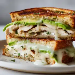 A close-up shot of a rustic Chicken Avocado Melt. You can see the layers of grilled chicken with char marks, fresh green avocado slices, and gooey provolone cheese dripping from toasted sourdough.