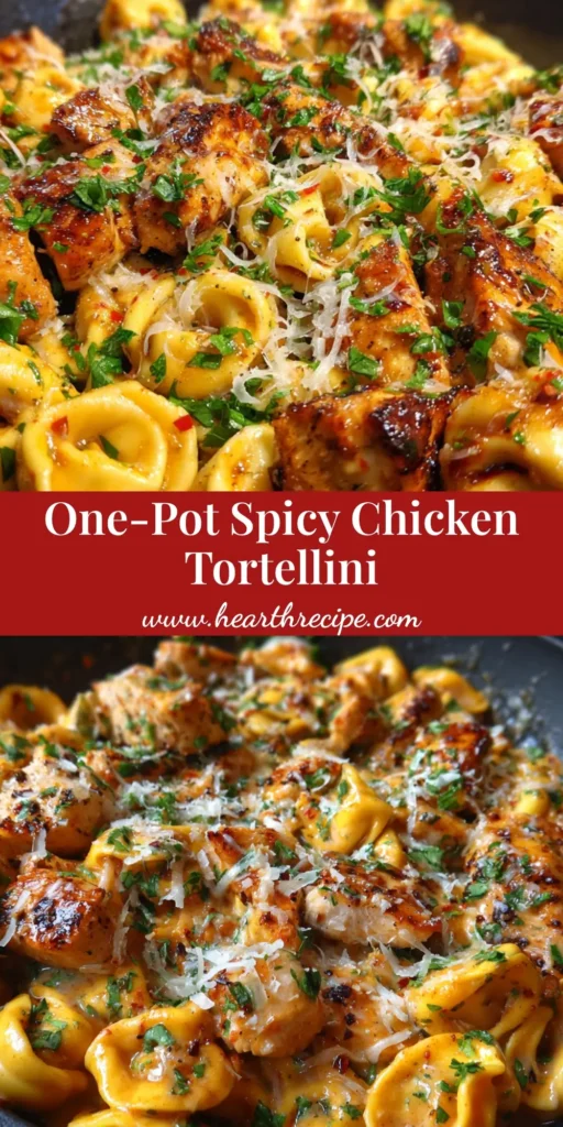 A close-up of One-Pot Chicken Tortellini in a dark cast iron skillet. The dish features pillowy cheese tortellini and golden-brown chicken in a glossy garlic butter sauce, garnished with Parmesan, red pepper flakes, and parsley.