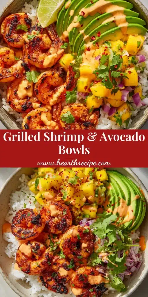 An overhead shot of a vibrant Shrimp and Avocado Bowl, featuring spicy grilled shrimp, fanned avocado, and mango salsa in a white ceramic bowl.