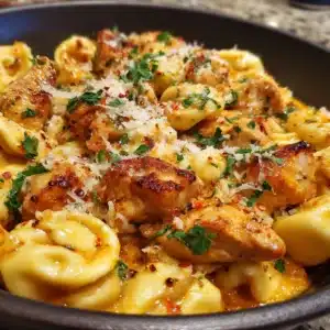 Side view of a skillet filled with One-Pot Chicken Tortellini, highlighting the glossy texture of the reddish-orange garlic butter sauce clinging to the pasta and chicken.