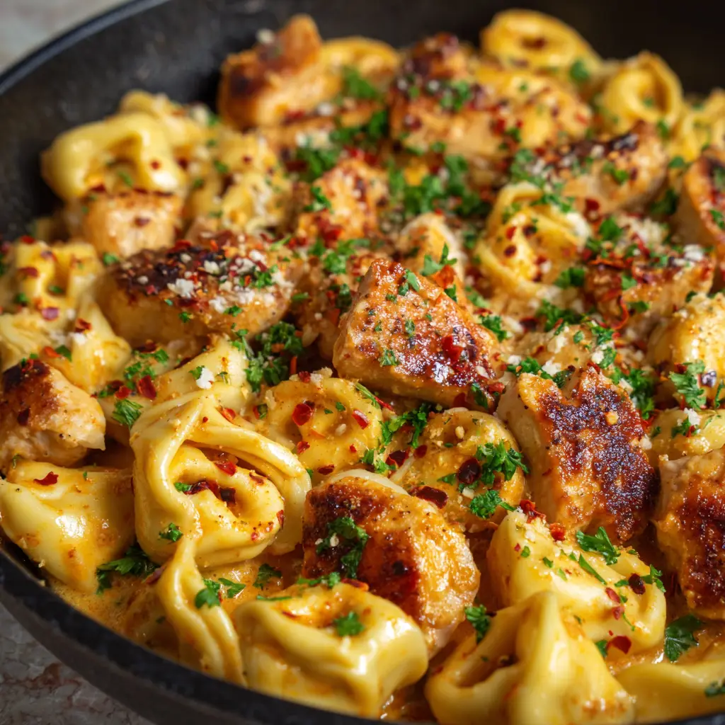 An overhead shot of the One-Pot Chicken Tortellini, showing the vibrant green parsley, red pepper flakes, and flecks of Parmesan cheese.