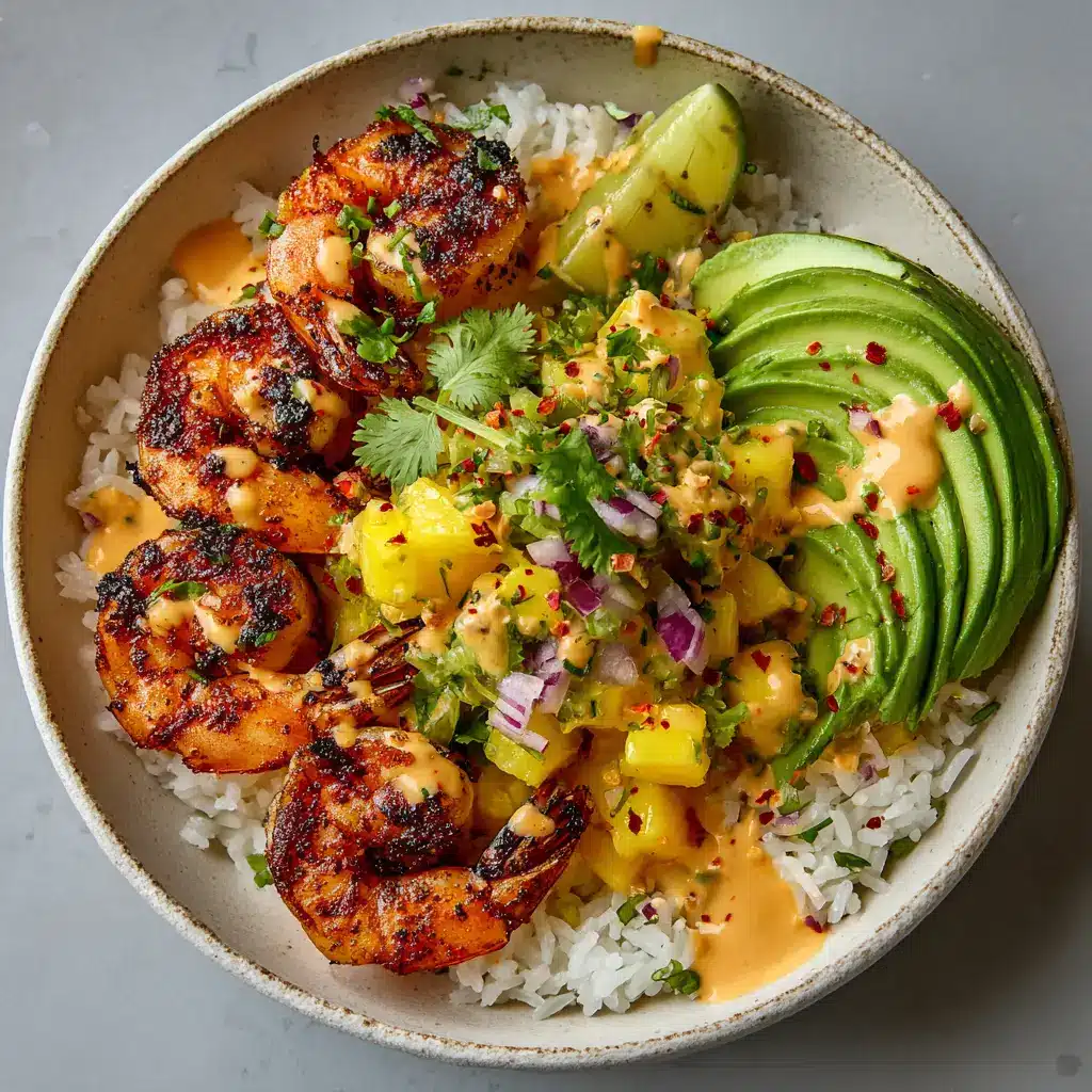 A neatly arranged Shrimp and Avocado Bowl showing distinct sections of each ingredient on a bed of fluffy white rice.