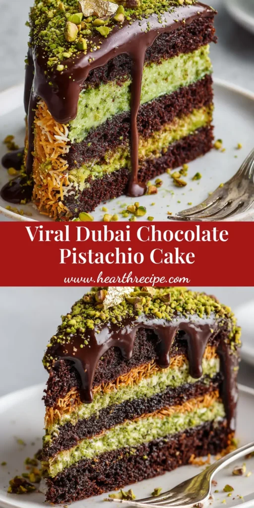 A perfect slice of Dubai Chocolate Pistachio Cake on a white plate, showcasing the layers of chocolate sponge, vibrant green pistachio cream with crispy kataifi, and a glossy ganache topping.