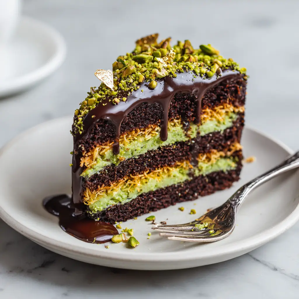 A close-up view of the Dubai Chocolate Pistachio Cake, highlighting the thick, glossy dark chocolate ganache drip and garnish of crushed pistachios and gold leaf.