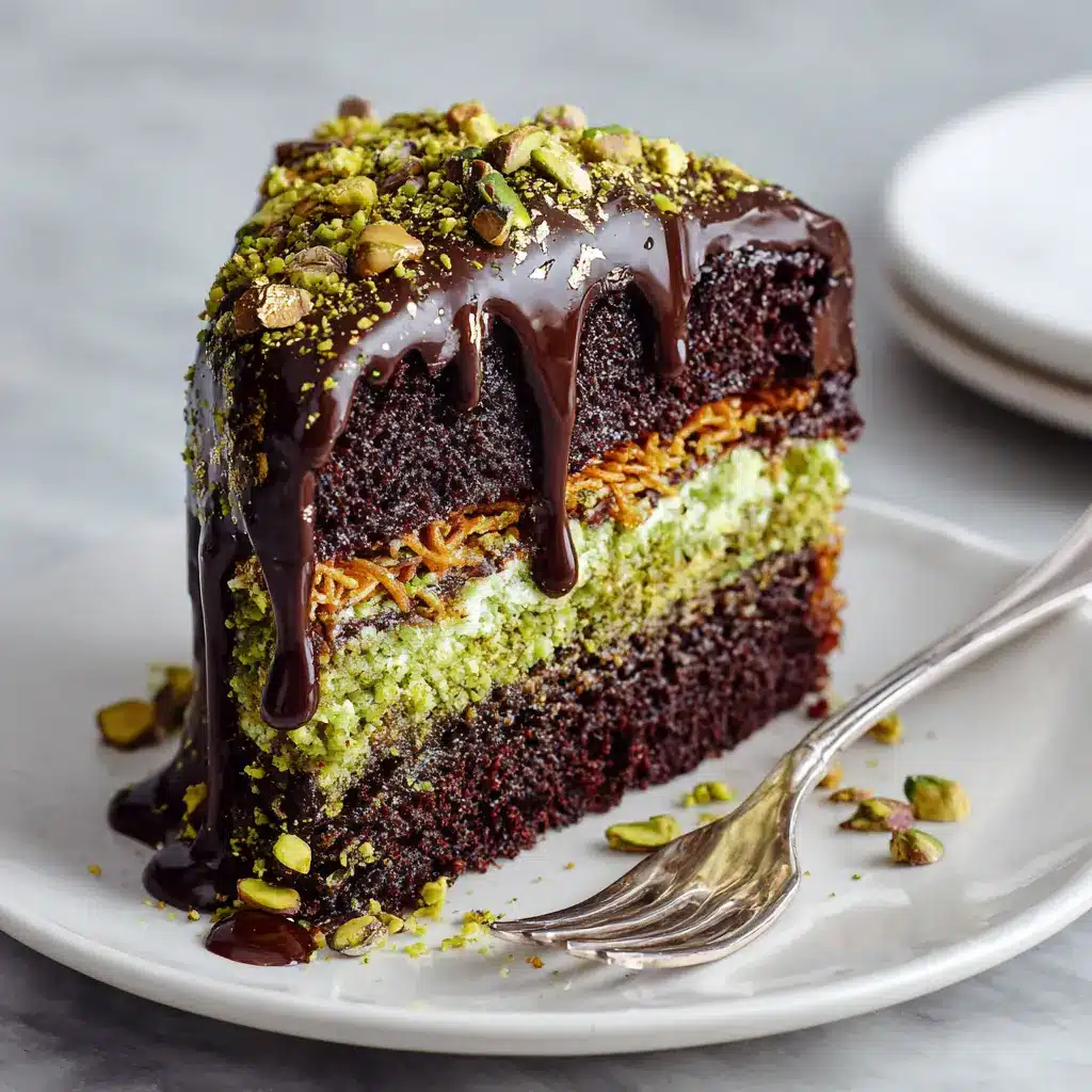 A detailed shot revealing the interior layers of the cake: dense chocolate sponge and a thick filling of green pistachio cream mixed with golden-brown kataifi strands.