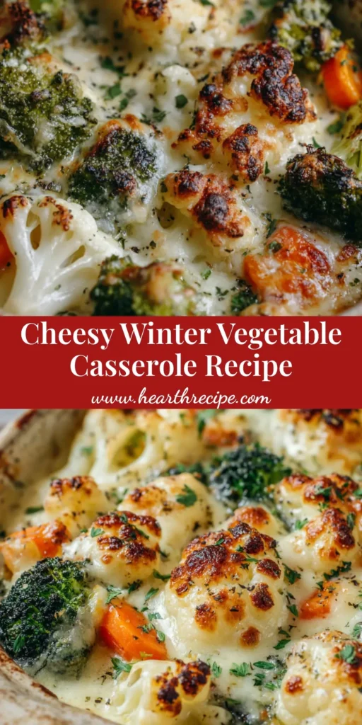 A close-up overhead shot of a creamy and cheesy Winter Vegetable Casserole in a white ceramic dish, ready to be served.