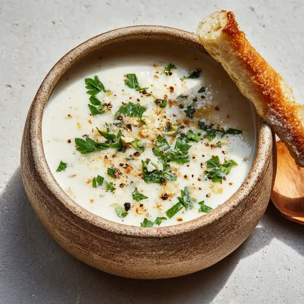 A crusty breadstick dipped into a bowl of creamy white garlic sauce, resting on a neutral gray stone surface.
