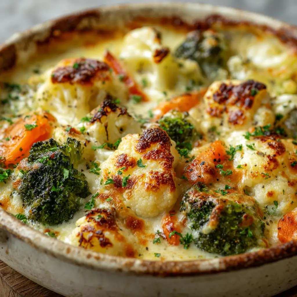 A close-up shot of the freshly baked creamy Winter Vegetable Casserole, showing the bubbling cheese sauce and golden-brown crust.