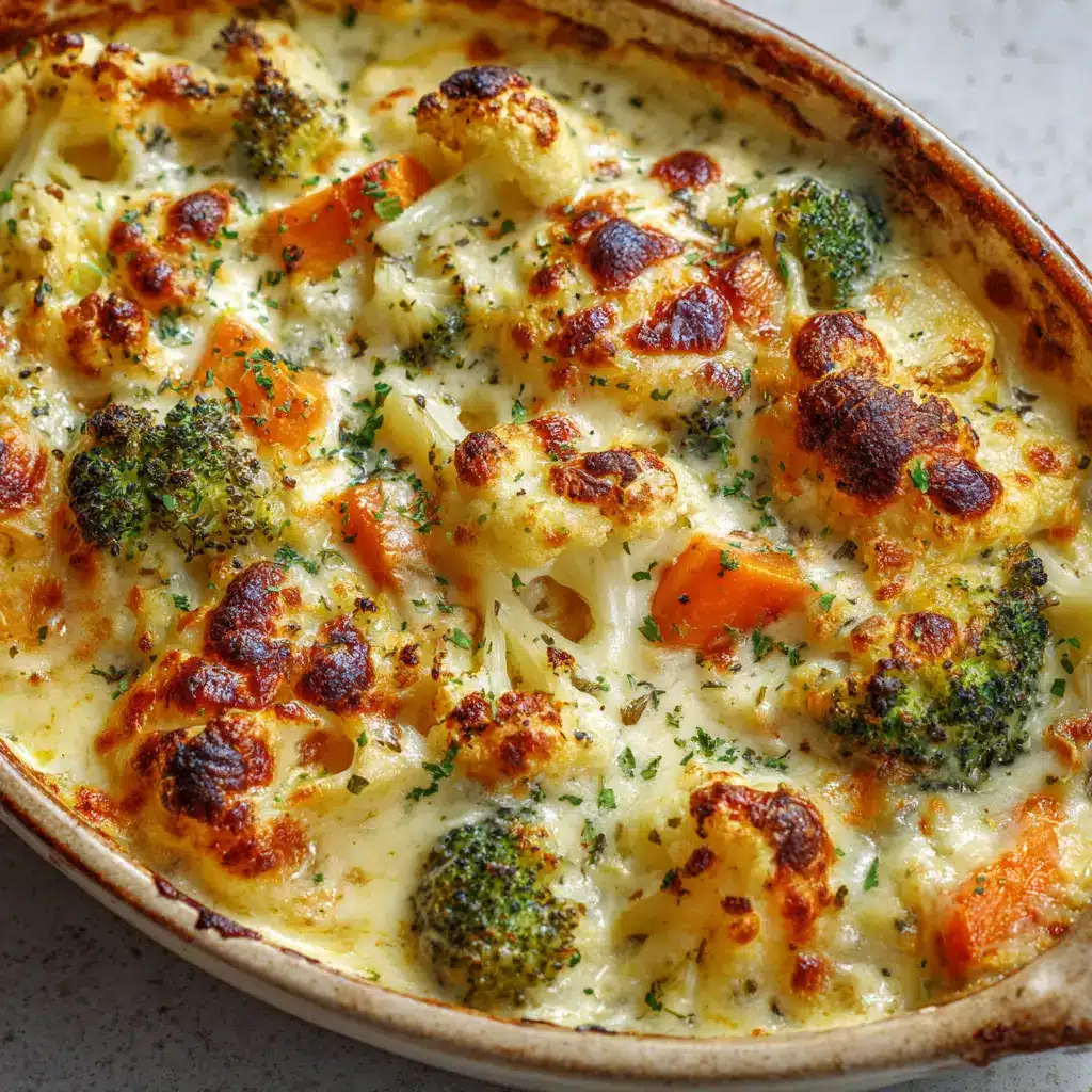 A spoonful of the cheesy Winter Vegetable Casserole, highlighting the tender broccoli, cauliflower, and carrots coated in creamy sauce.