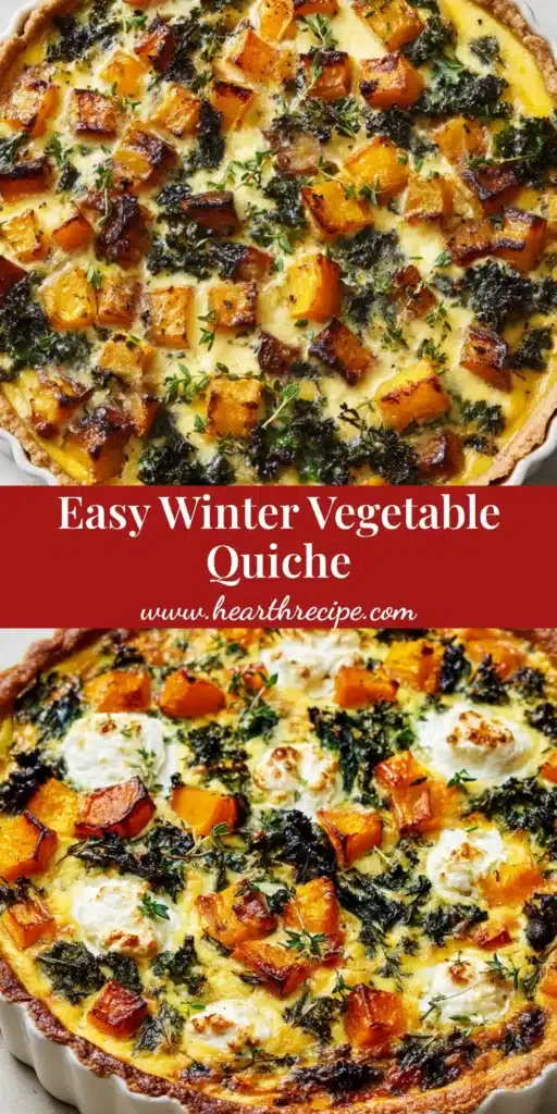 A close-up overhead shot of a rustic winter vegetable quiche in a white tart pan, showcasing the golden crust, roasted butternut squash, kale, and dollops of ricotta.