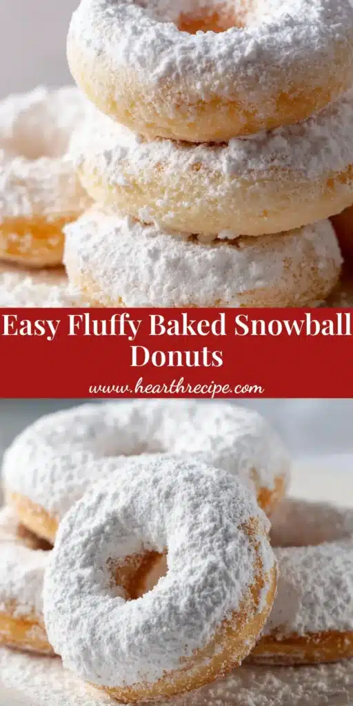 A stack of baked snowball donuts heavily coated in white powdered sugar on a simple white plate. (Snowball Donuts)