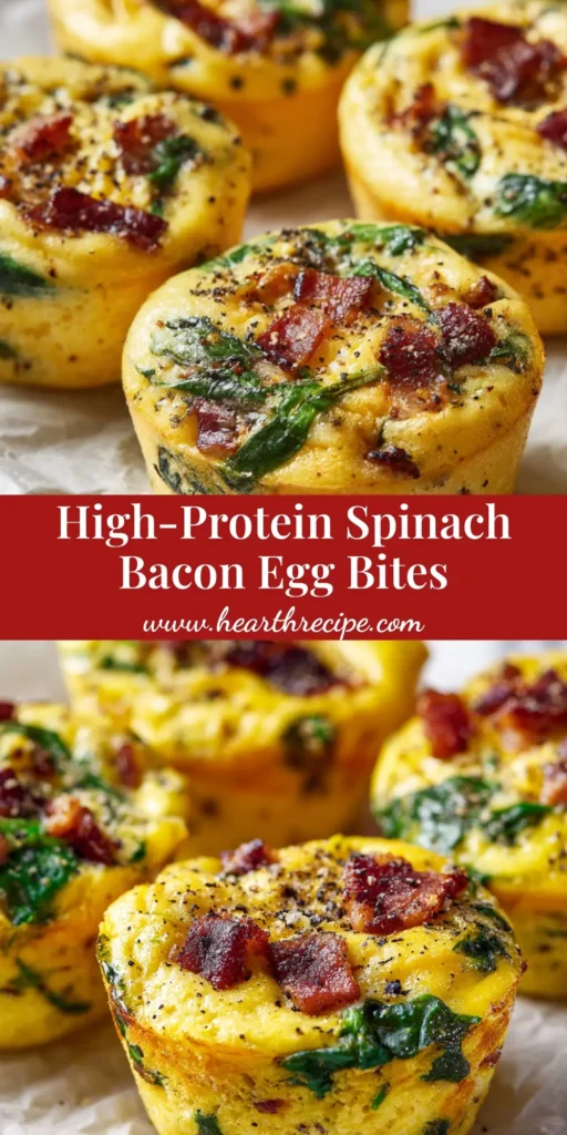 A top-down view of several Spinach and Bacon Egg Bites arranged on a wooden board. The bites are golden-yellow and fluffy, with visible pieces of green spinach and crispy bacon.