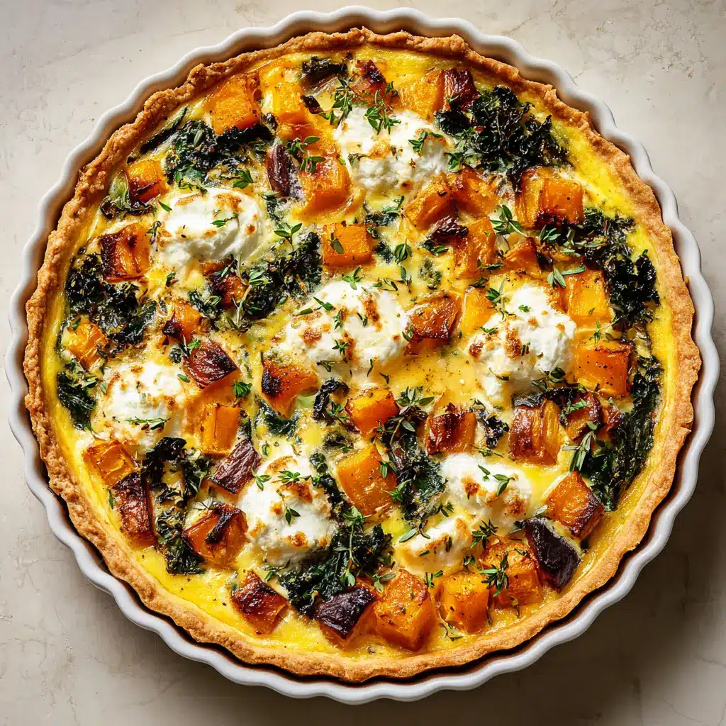 A slice of winter vegetable quiche on a plate, highlighting the layers of egg custard, roasted butternut squash, and wilted kale.