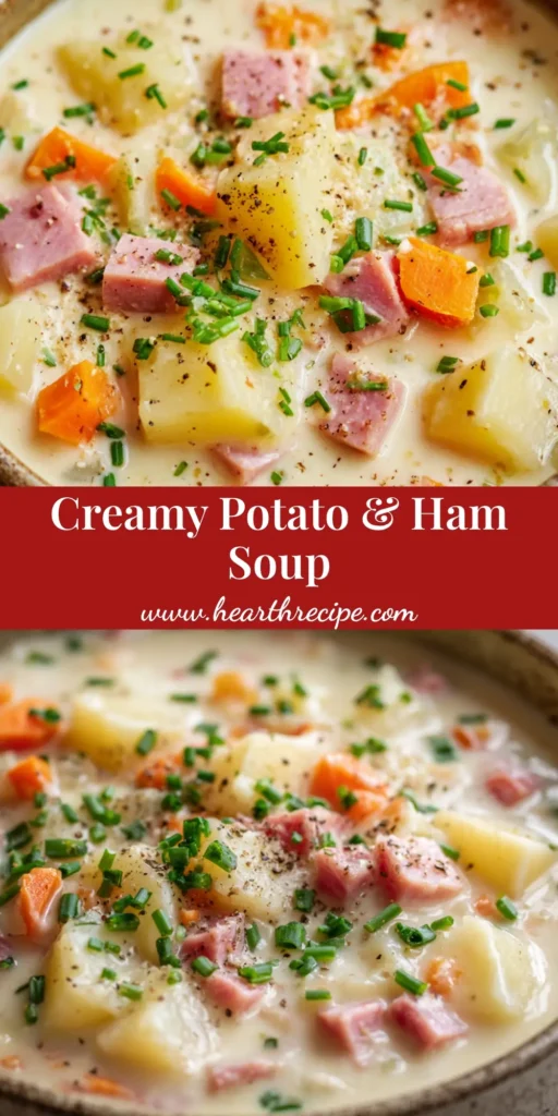 A rustic bowl of creamy potato and ham soup, garnished with fresh chives and black pepper. The soup is thick and features chunks of potato, ham, and carrots.