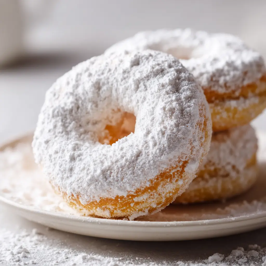 A close-up view of snowball donuts, showing the thick, cracked powdered sugar coating over the golden-brown baked donut. (Snowball Donuts)