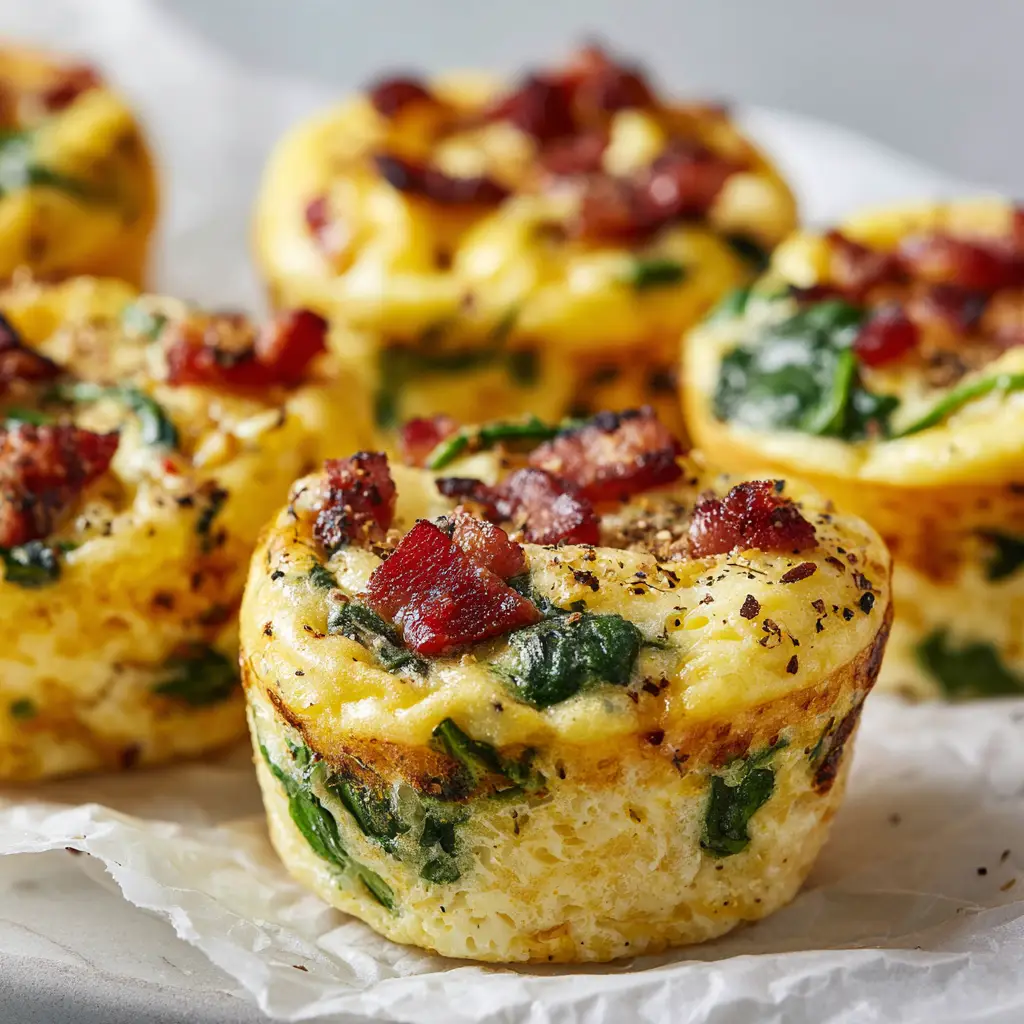 A close-up shot of two Spinach and Bacon Egg Bites resting on crinkled parchment paper. The egg bites have a porous, spongey texture, with flecks of green spinach and reddish-brown bacon.
