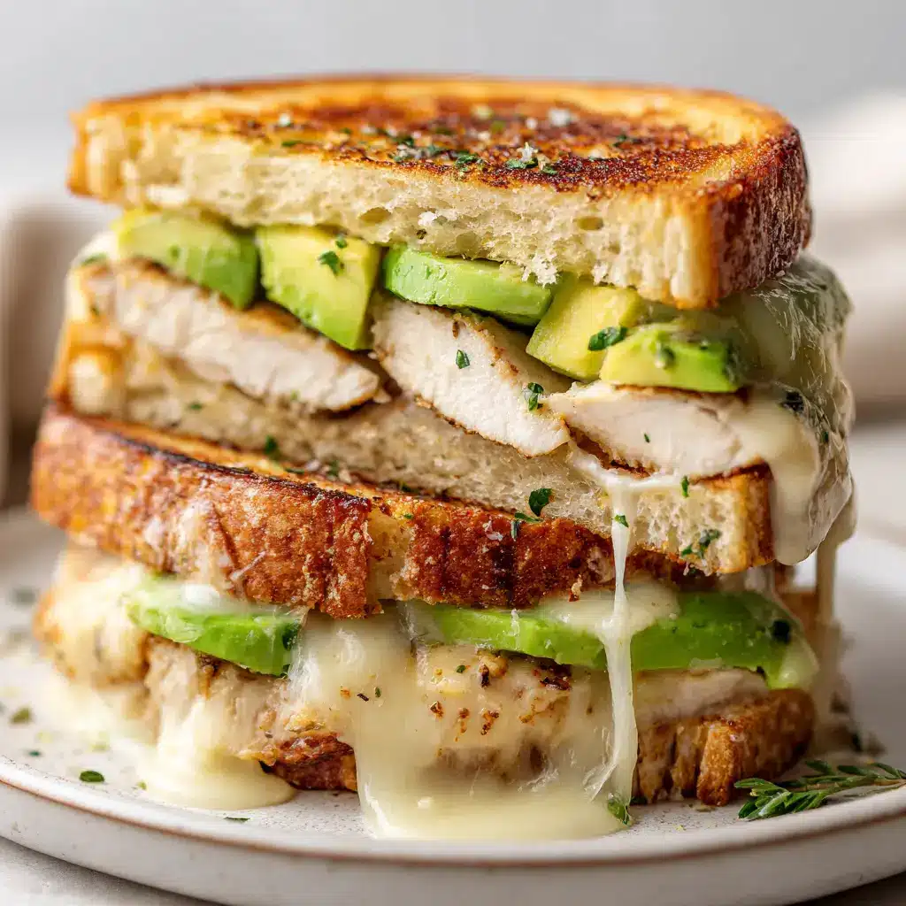 A rustic Chicken Avocado Melt resting on a white plate. The focus is on the melted provolone cheese and the specks of black pepper and parsley garnish.
