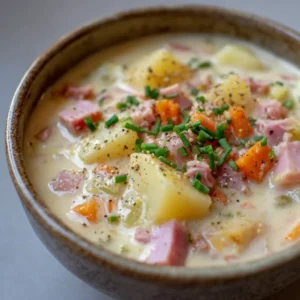 A close-up, top-down view of a bowl of creamy potato and ham soup, showing the velvety texture of the off-white broth and the tender ingredients within.