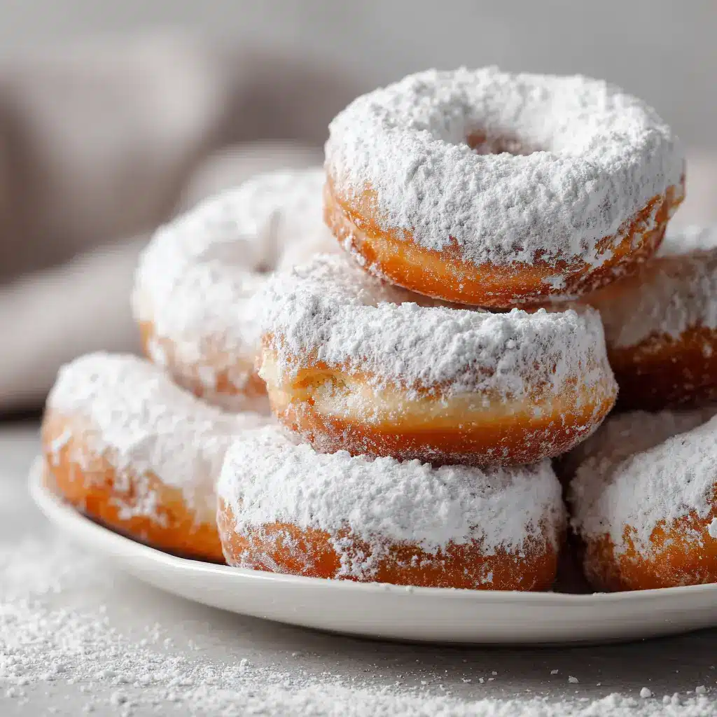 A casual stack of baked snowball donuts on a matte white ceramic plate, dusted with loose powdered sugar in soft natural daylight.