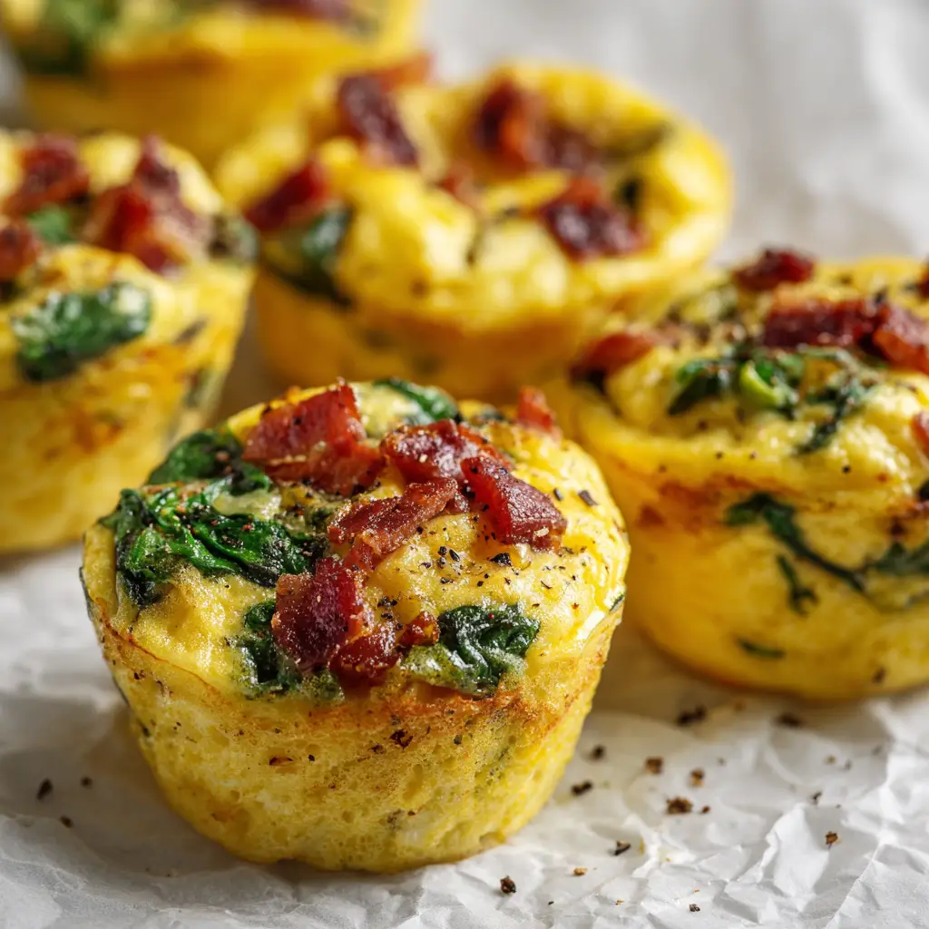 Another angle of the fluffy baked Spinach and Bacon Egg Bites, showing the lightly browned and domed tops, sprinkled with coarse black pepper.