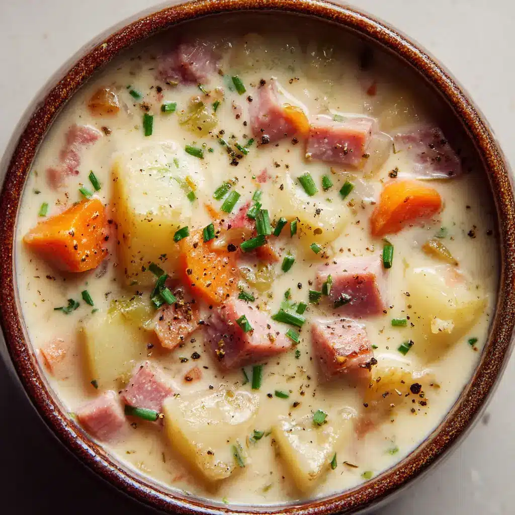 An angled shot of the creamy potato and ham soup in a rustic bowl, garnished with green chives and coarse black pepper on a neutral surface.