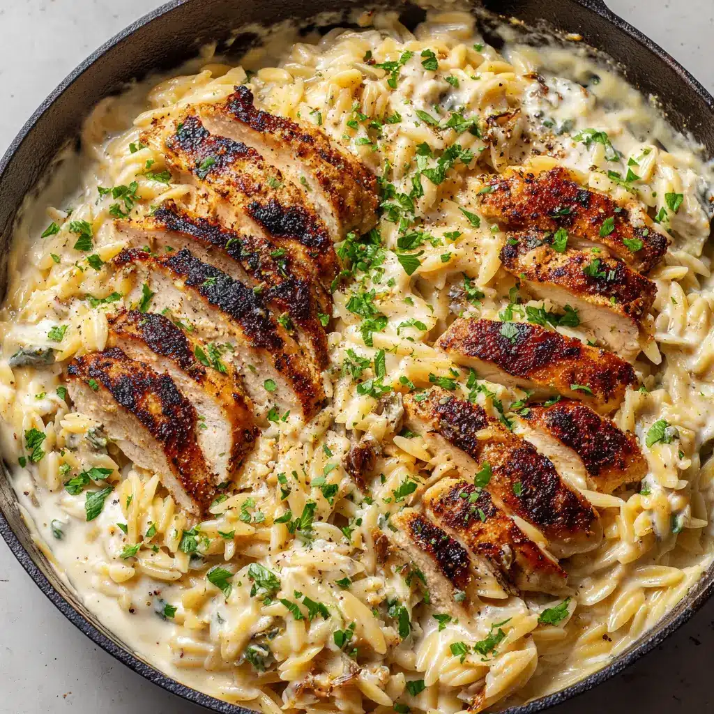 A side angle view of the Boursin Chicken Orzo, highlighting the thick, juicy slices of chicken and the creamy texture of the Boursin sauce coating the pasta.