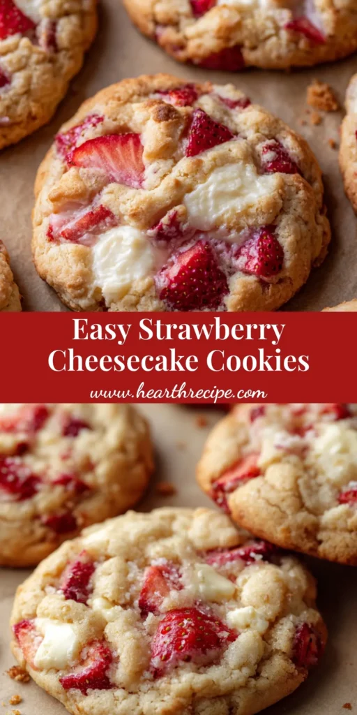 A shareable pin image of soft-baked Strawberry Cheesecake Cookies with visible cream cheese swirls and pieces of cooked strawberries.