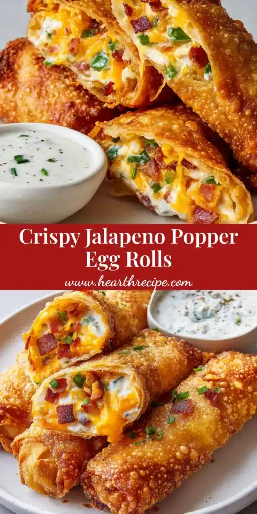 A close-up of crispy fried Jalapeno Popper Egg Rolls on a white plate, sliced to show the melted cheese filling. A bowl of ranch dip is next to them.