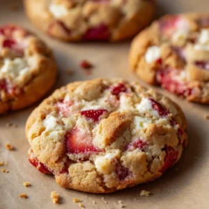 A close-up shot of thick, soft-baked Strawberry Cheesecake Cookies on parchment paper. The cookies show a golden-brown surface, glossy red strawberry pieces, and marbled white cream cheese pockets.