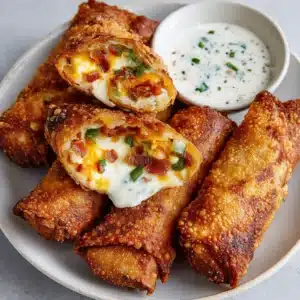Golden-brown Jalapeno Popper Egg Rolls cut on a diagonal, revealing a gooey filling of cream cheese, cheddar, bacon, and jalapenos.