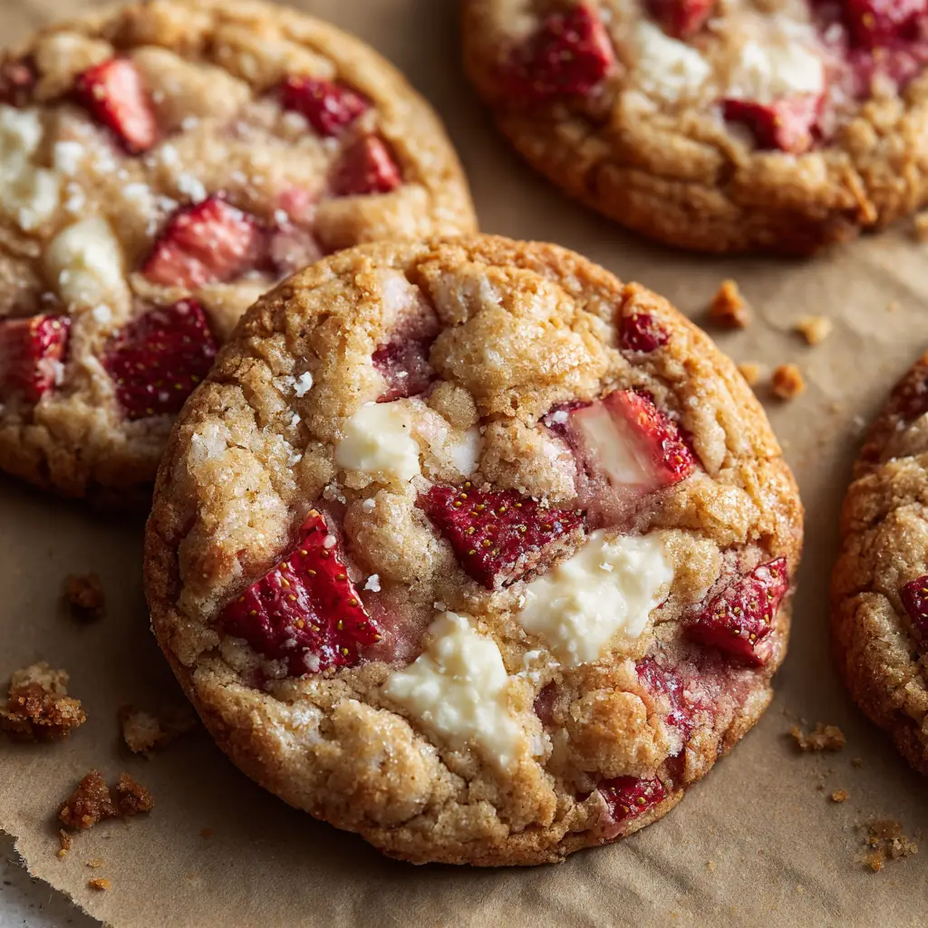 A slightly different angle of the soft-baked Strawberry Cheesecake Cookies, highlighting the doughy texture and crinkled surface.