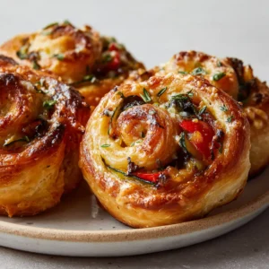 A detailed close-up shot of golden baked puff pastry rolls. The flaky layers are filled with diced roasted vegetables and gooey, melted cheddar cheese, sprinkled with fresh herbs. (Cheesy vegetable puff pastry rolls)