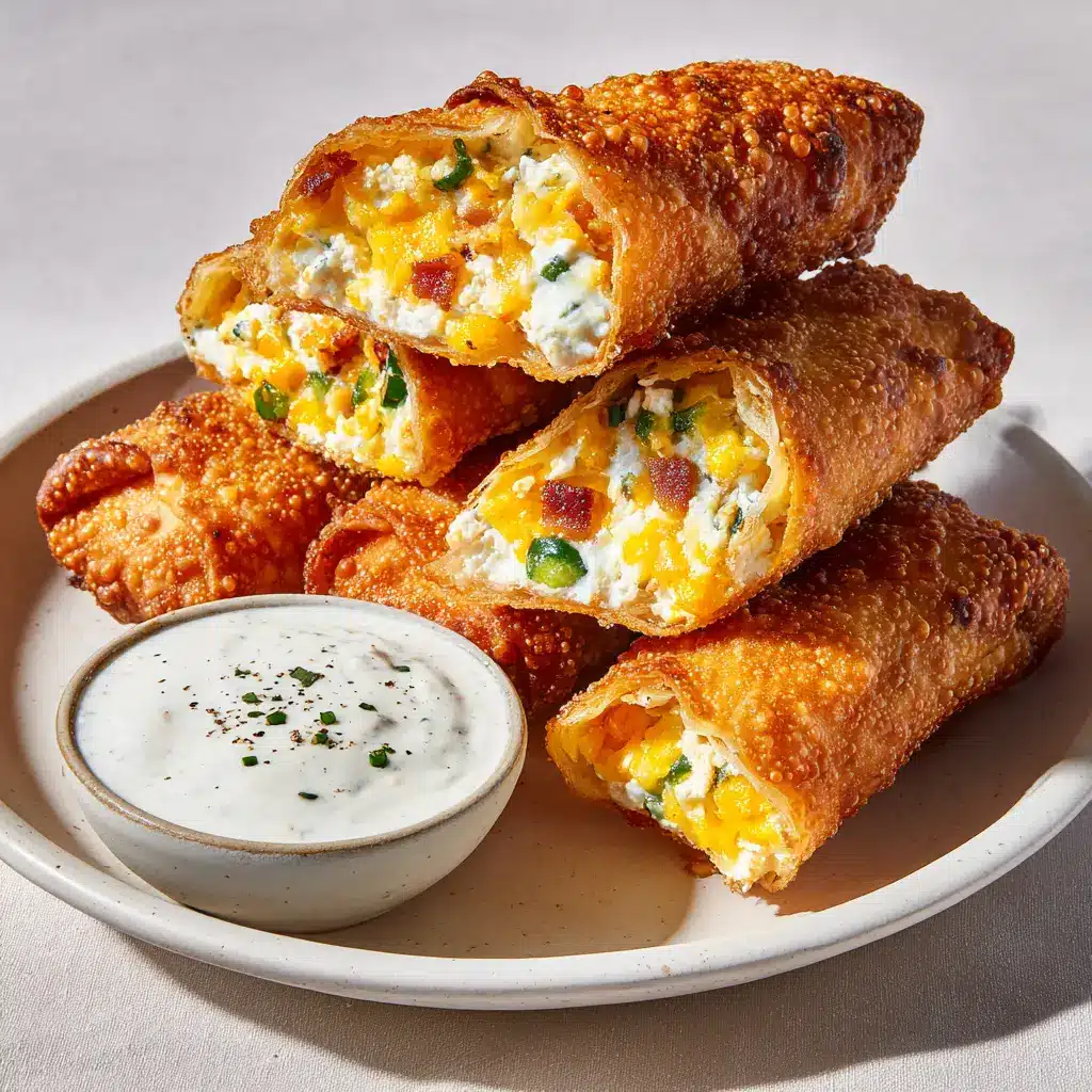 A plate of perfectly fried Jalapeno Popper Egg Rolls next to a bowl of creamy ranch dipping sauce with herbs.