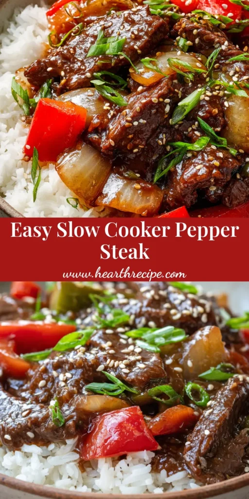 An overhead shot of a rustic bowl filled with slow cooker pepper steak, showcasing tender beef and vibrant peppers in a rich brown gravy over rice. (Slow Cooker Pepper Steak)